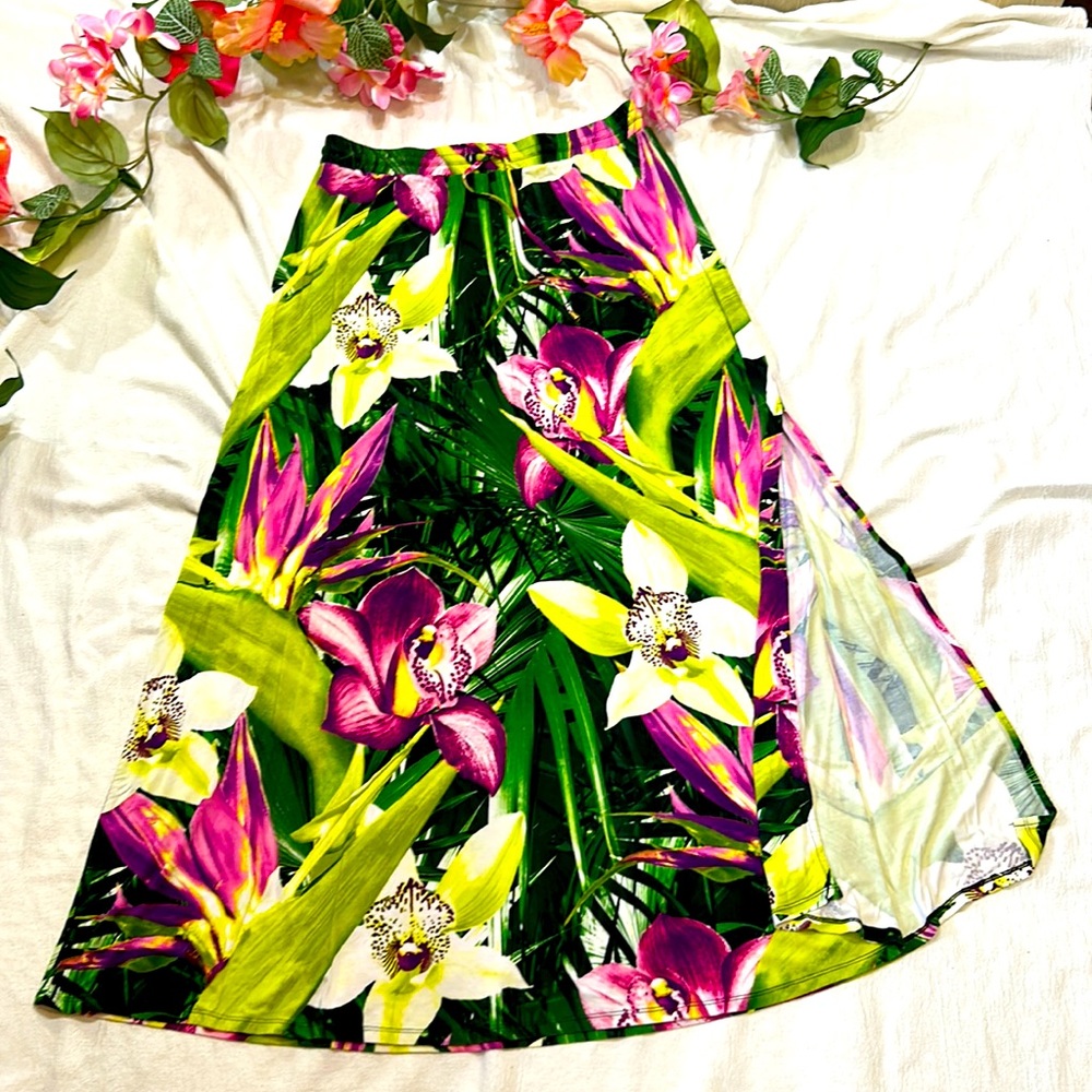 Worthington Tropical Orchid & Palm Maxi Skirt, Side Slit, Large Petite,…